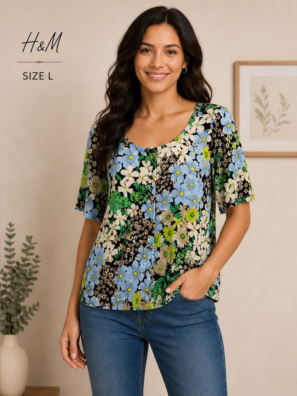 H&M Floral Button Front Top Women’s Size L Blue Green Short Sleeve Casual Blouse